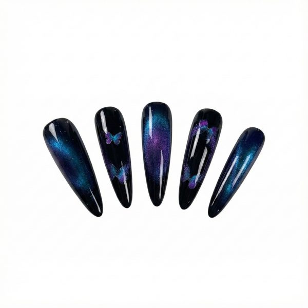Galaxy Butterfly Cat Eye Press On Nails Extra Long Stiletto | Handmade Blue Purple Magnetic Nail Art
